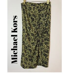 Michael Kors Green Black Floral Print Midi Skirt Women’s Ruched Front Bodycon